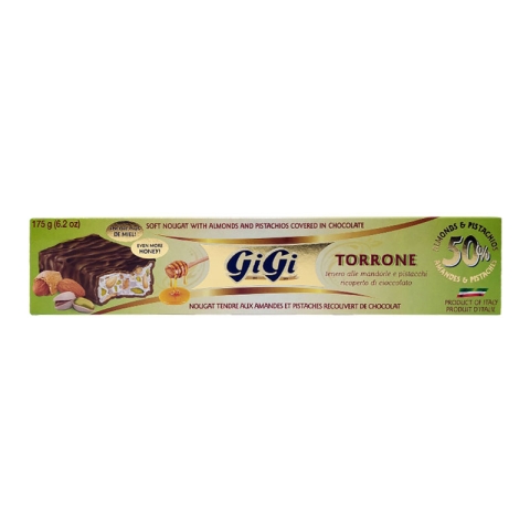 Torrone GiGi Soft Nougat with Almonds and Pistachios Covered in Chocolate